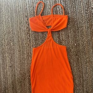 Orange mini dress.